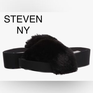 🔥NEW🔥 STEVEN NY Whimsigoth Y2K Style Platform Black Faux Fur Mobwife Slides W8.5